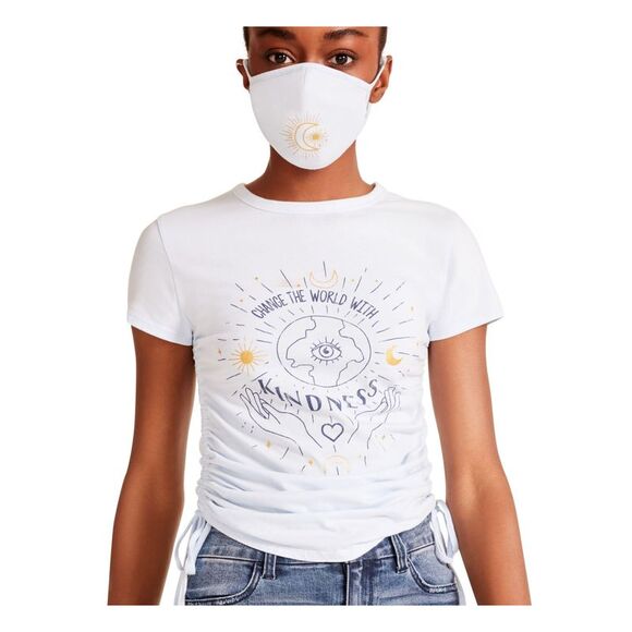 MADDEN GIRL Womens Tie Cropped With Face Mask Short Sleeve Crew Neck T-Shirt - Picture 1 of 4